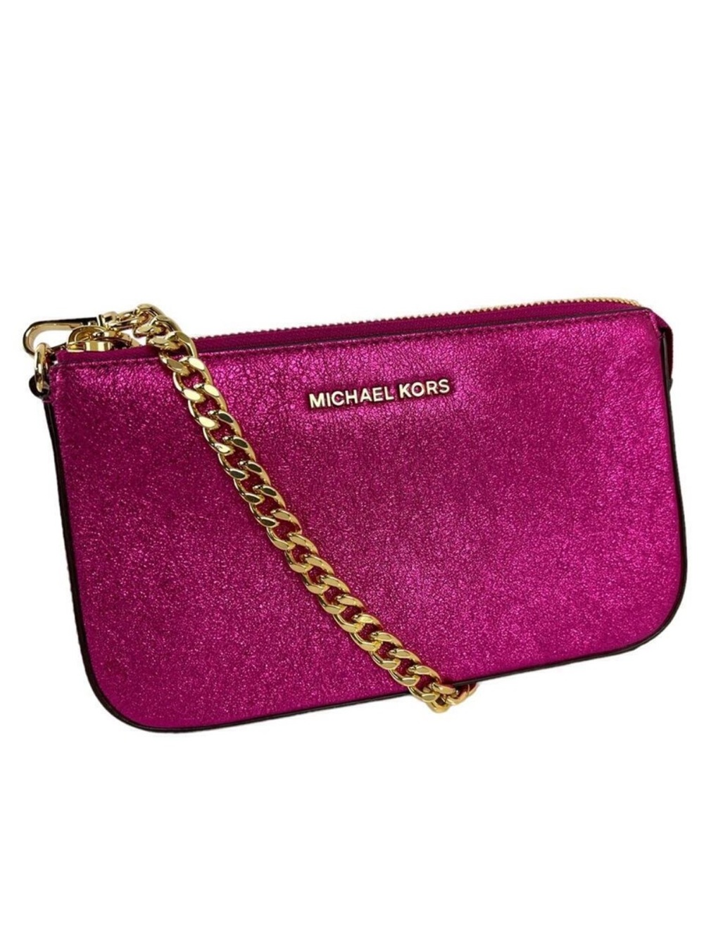 Michael Kors NWT Fuchsia Glitter Metallic Chain small Shoulder Clutch